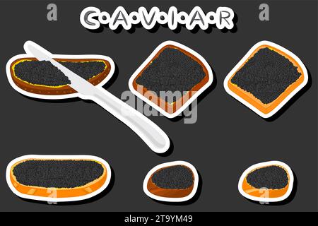 Illustration on theme big set various types fish caviar, bread different size Stock Vector