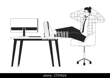 Male office worker sitting with legs on table black and white 2D line cartoon character Stock Vector