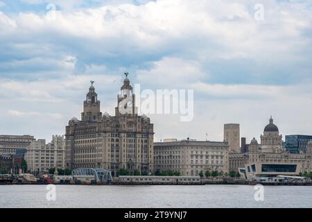 The iconic river front of Liverpool, England, including the famous Liverbirds building. Stock Photo