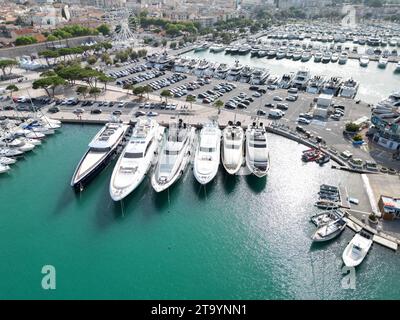 Antibes Harbour France drone,aerial Super yachtes moored in a row Stock Photo