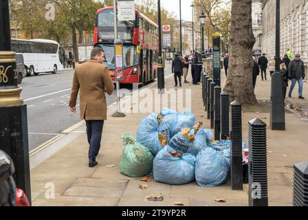 London, UK. Bags full of autumn leaves swept up in Whitehall, Westminster. late November Stock Photo