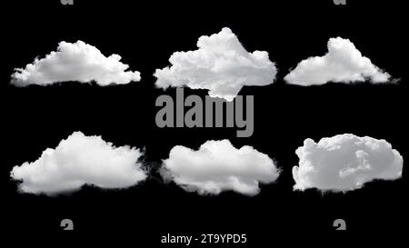 White clouds isolated on black background. Set of beautiful quality clouds. Cloud pack Stock Photo