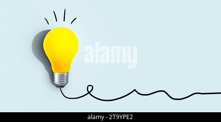 Creative yellow light bulb with shadow burns on a blue background, concept. Think differently, creative idea. Light came on. Brainstorm and thinking. Stock Photo