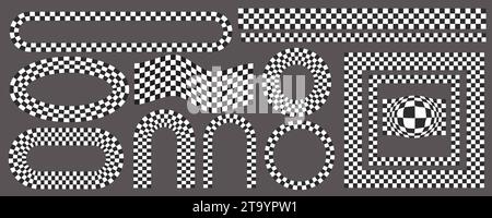 Checkerboard frames set. Circle and square patterns with black and white chess pattern.Y2k geometric shapes. Vector retro groovy illustration Stock Vector