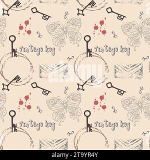 Vintage key pattern with wine stains, old keys, stamp imprints, steampunk butterfly outline, on background of old shabby paper. Vector illustration Stock Vector