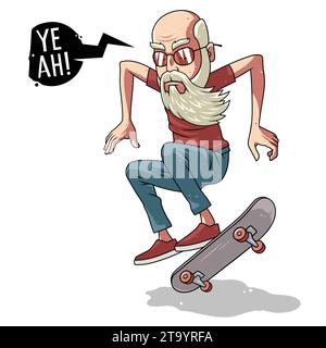 Old man skater rides a skateboard. Stylish illustration for printing on t-shirts or other clothes Stock Vector