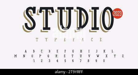 Modern slab serif font for poster or logo design. Vector alphabet, uppercase letters and numbers Stock Vector