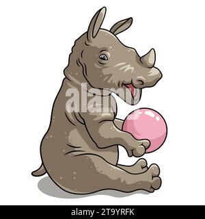 vector illustration of a cute baby rhino holding a ball Stock Vector