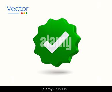 3d green checkmark icon, valid or validated, verified label or certified symbol, isolated on white background. 3d Approval or success icon, vector illustration. Vector illustration Stock Vector