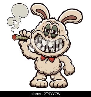A humorous and edgy cartoon-style illustration of a stoned bunny character with exaggerated features Stock Vector