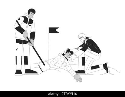 Avalanche rescue black and white cartoon flat illustration Stock Vector