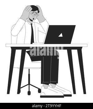 Stressed out indian man at workplace black and white 2D line cartoon character Stock Vector