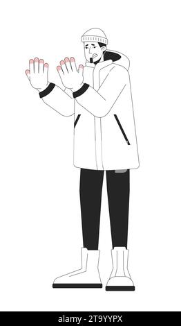 Winter outerwear man frostbite fingers black and white cartoon flat illustration Stock Vector