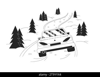 Drive in snow blizzard forest black and white cartoon flat illustration Stock Vector