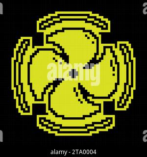 Pixel silhouette icon. Fan blades of air conditioner with rotation direction arrows. Maintaining comfortable temperature in summer. Simple black and y Stock Vector