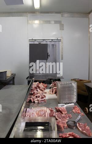 meat processing plant, storage freeze room, beef meat and a scale in the foreground Stock Photo