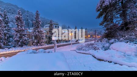 Snow-covered Social House Casino and Hotel - early morning in spa center of Marianske Lazne (Marienbad) - Czech Republic, Europe Stock Photo