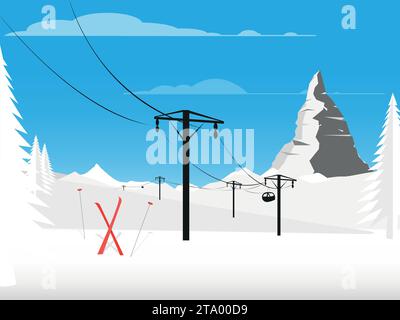 Mountain winter resort Alps, with skis and poles. Snow landscape peaks, slopes. Travel Stock Vector