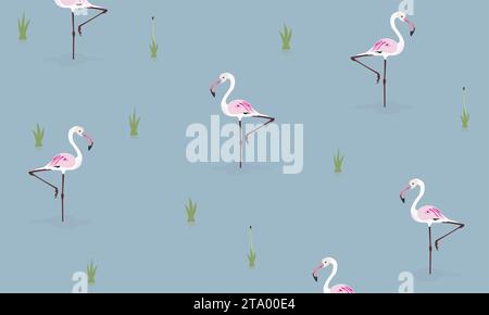 Tropical pink flamingo birds and plants, seamless pattern. Repeating print, endless blue background design in Scandinavian style. Printable flat vecto Stock Vector