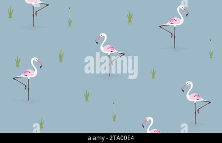 Tropical pink flamingo birds and plants, seamless pattern. Repeating print, endless blue background design in Scandinavian style. Printable flat vecto Stock Vector