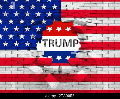 closeup of grunge American USA flag broken crack wall with hole and word trump, united states of america, vote for president trump concept Stock Photo