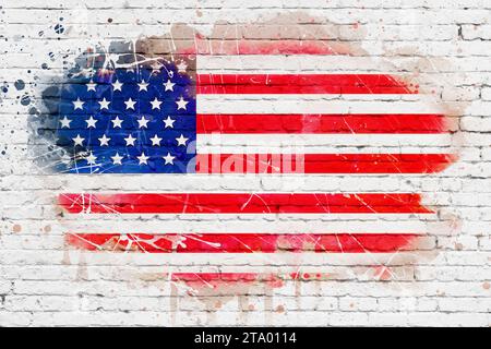 united states of america flag on white brick wall background, painted with watercolor effect, artistic style usa vote election concept Stock Photo