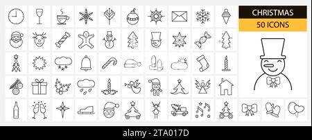 Linear icons in black on a white background. Christmas and New Year. Winter holidays. Christmas holiday season. Stock Vector