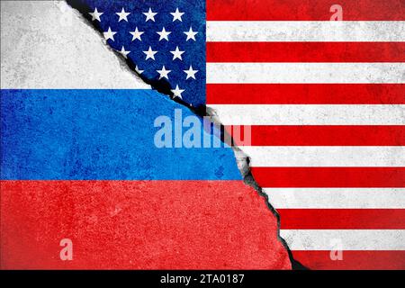 united states of america flag on broken damage wall and half russian white red blue color flag, relationship crisis between russia and usa concept Stock Photo