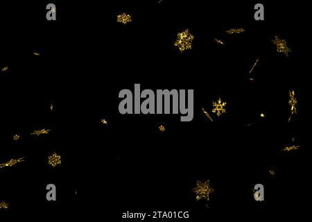 abstract gold glitter sparkle christmas snowflakes falling down snow from top, winter holiday xmas seamless loop on black background Stock Photo
