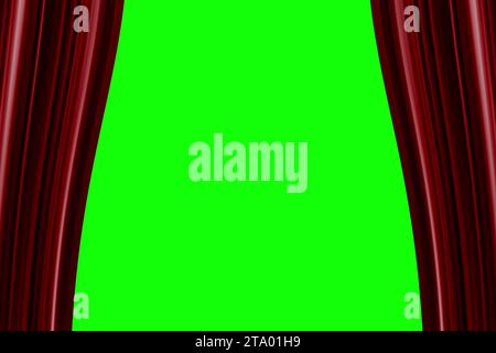 red curtain opening background, with chroma green screen,theater cinema show event Stock Photo