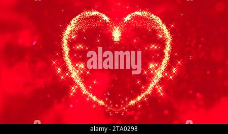 abstract gold sparkle glitter particles like hearts shape on red blur bokeh background, valentine day love holiday event festive Stock Photo
