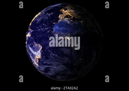 blue planet earth from space showing America and Africa at night with sparkle glitter city lights, USA, globe world isolated on black background, some elements of this image furnished by NASA Stock Photo