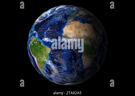 blue planet earth from space showing America and Africa, USA, globe world isolated on black background, some elements of this image furnished by NASA Stock Photo