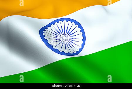 closeup of illustration waving india flag, with blue wheel, national symbol of indian hindu sign Stock Photo