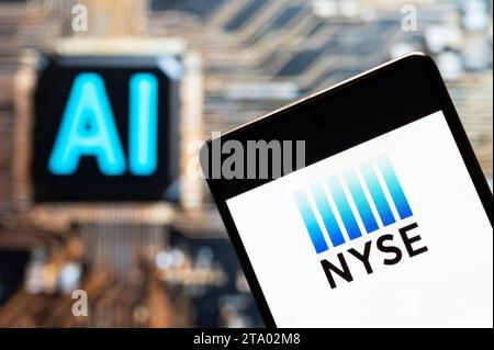 In this photo illustration, the American Stock Exchange index, NYSE logo seen displayed on a smartphone with an Artificial intelligence (AI) chip and symbol in the background. Stock Photo