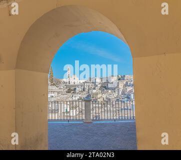 panoramic view of typical stones (Sassi di Matera) and church of Matera ...