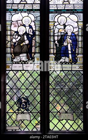 Saints Crispin & Crispinian, St. Simon the Zealot & St. Jude the Apostle..Stained glass Window in the Cloisters Chester Cathedral Stock Photo