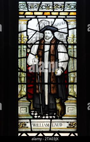 Full-length Portrait of William Laud (1573-1645), Archbishop of Canterbury. Stained glass Window in the Cloisters Chester Cathedral Stock Photo