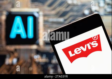 In this photo illustration the Levi s Levi Strauss Co. logo of an US clothing company is seen on a smartphone and a pc screen Stock Photo Alamy