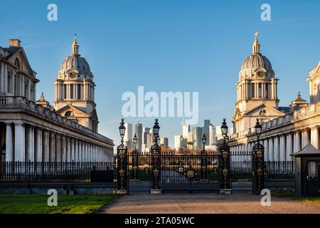 A view from The Queen's House of the Old Royal Naval College, Greenwich, London, UK with Canary Wharf business centre in the background Stock Photo