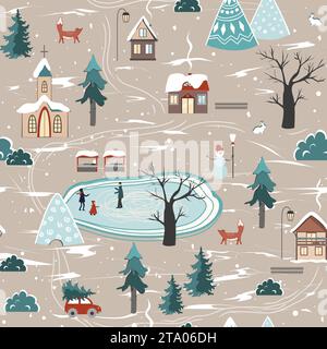 Winter seamless pattern with snowy landscape with village and church in the woods. Beautiful Christmas Nature with City in the Mountains. Vector Stock Vector