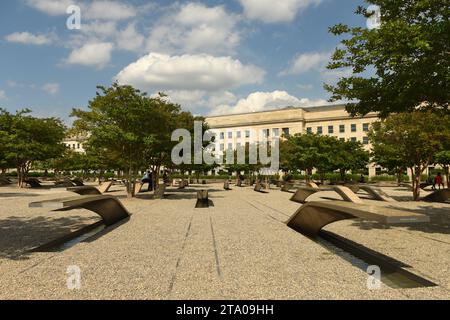 Washington, DC - June 01, 2018: The Pentagon Memorial features 184 empty benches, Pentagon Memorial dedicated to the victims of the September 11, 2001 Stock Photo