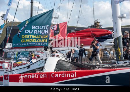 Erwan Le Roux, skipper of the Multi 50 FenetreA-Cardinal pictured by DPPI photographer Jean Marie Liot while exiting the harbor before the Route du Rhum sailing race start in Saint Malo, Brittany, on november 01, 2014 - Photo Olivier Blanchet / DPPI Stock Photo