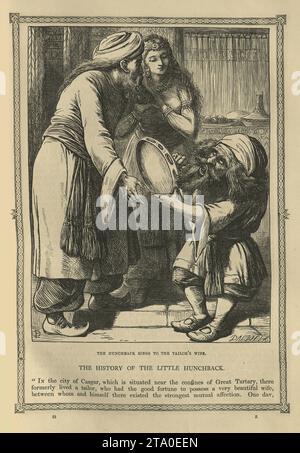 Vintage illustration One Thousand and One Nights, the hunchback sings to the tailor's wife, Arabian, Middle Eastern folktales, by The Brothers Dalziel. History of the little hunchback Stock Photo