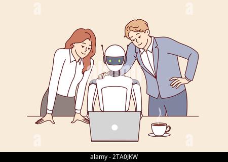 Robot employee of company and two human colleagues work together to complete tasks using laptop with innovative software. Robot with artificial intelligence sits at desk helping office clerks. Stock Vector
