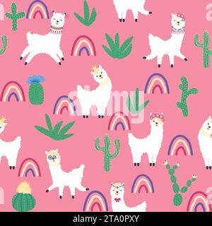 Cute pattern with llamas, cacti, Alps mountains, dream catcher, rainbows and hearts. Children's room design, printed fabric, wallpaper, packaging Stock Vector