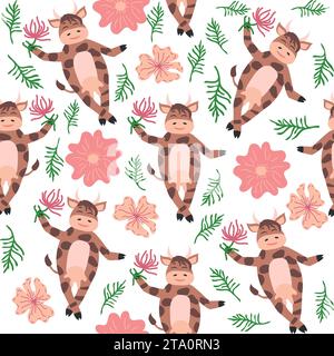 Dancing cow in the meadow cute seamless pattern, splashes of milk and the inscription Milk, Cow, Love. Flat style for textile, packaging design Stock Vector