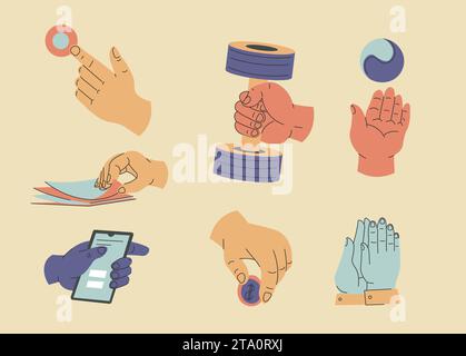 Hands holding objects, gestures of arms vector Stock Vector