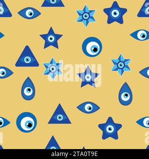 Evil eye Heavenly seamless pattern with suns, moons, stars, palms. For textiles, souvenirs, household goods Stock Vector