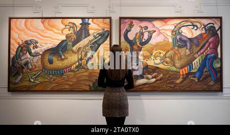 London, UK. 28th Nov, 2023. Seven monumental paintings by the Aymara Bolivian revolutionary artist Alejandro Mario Yllanes (1913-c.1960) have not been seen in public for 30 years and are on view for the first time in the UK during London Art Week (1-8 December) at Ben Elwes Fine Art. Yllanes was a promising, political-engaged artist who exhibited in several Latin American countries until he vanished without a trace. Credit: Malcolm Park/Alamy Live News Stock Photo